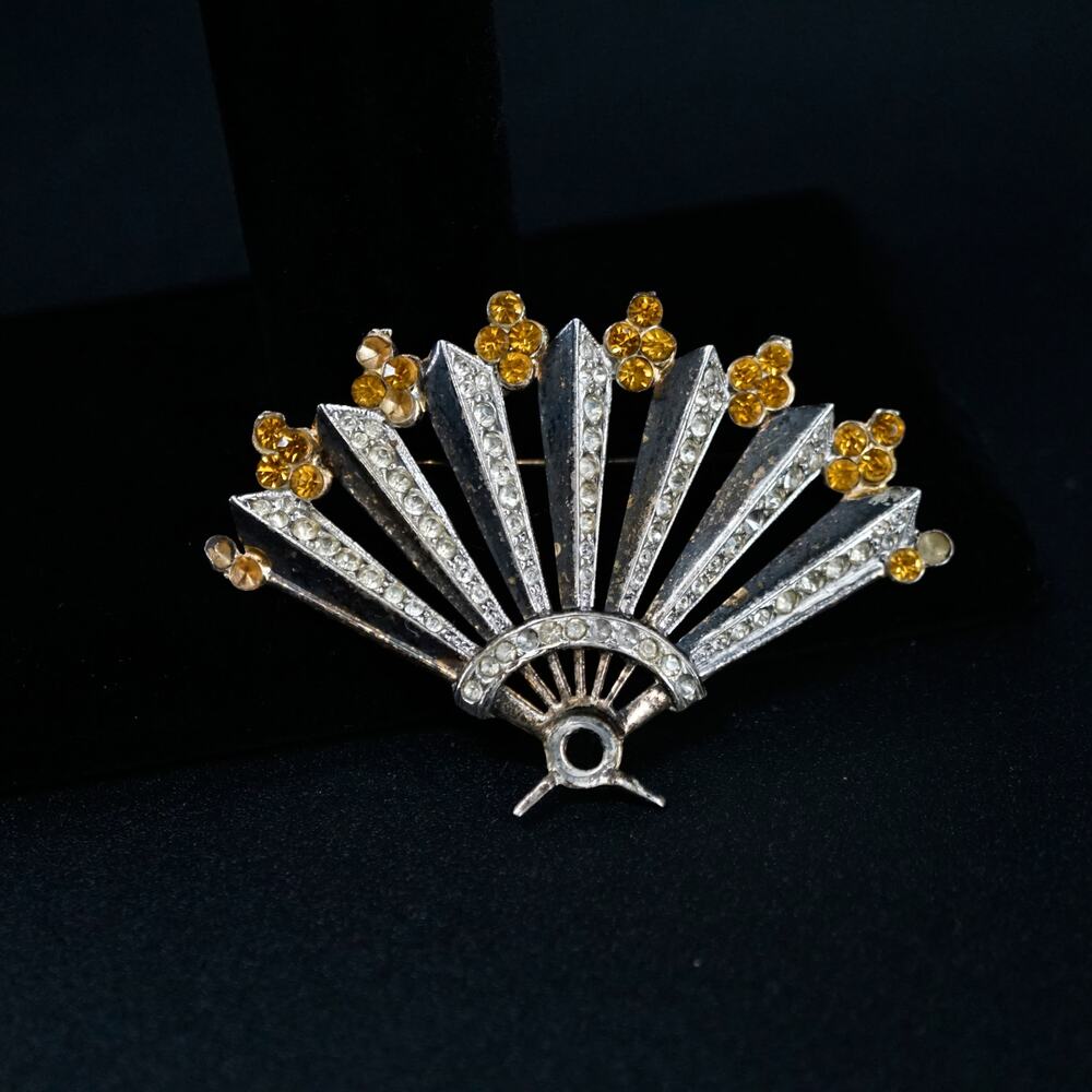 Vintage Art Deco Sterling Silver Fan‎ Brooch Rhinestone Yellow Cluster Pin